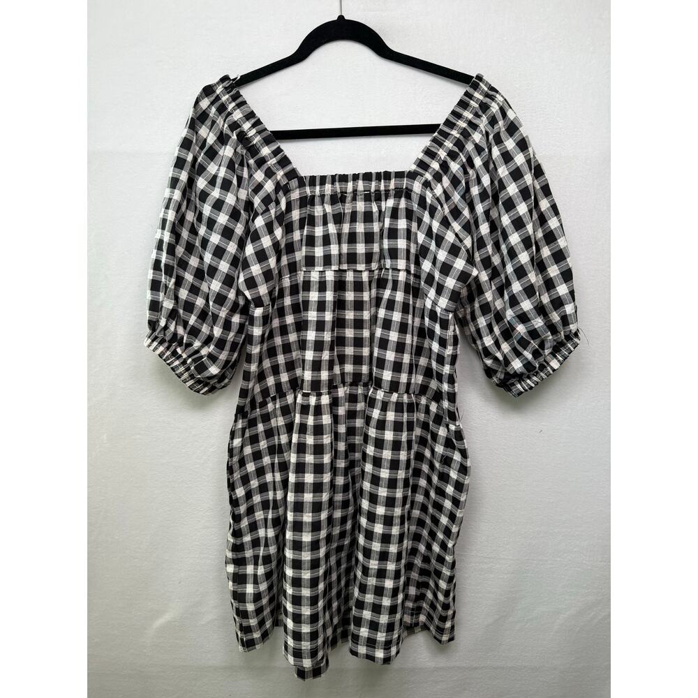 Aaron & Amber Black/White Gingham Puff Sleeve Square Neck Tiered Dress, Size L - Picture 2 of 5